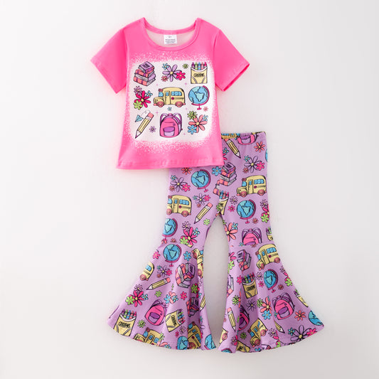 Girls Hot Pink Short Sleeves Tops Back To School Print Set