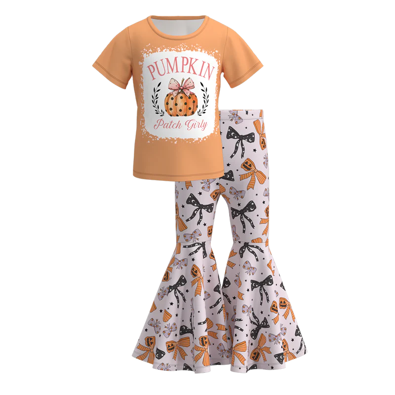 Girls Halloween Pumpkin Ghost Bow Print Bell Pant Sets