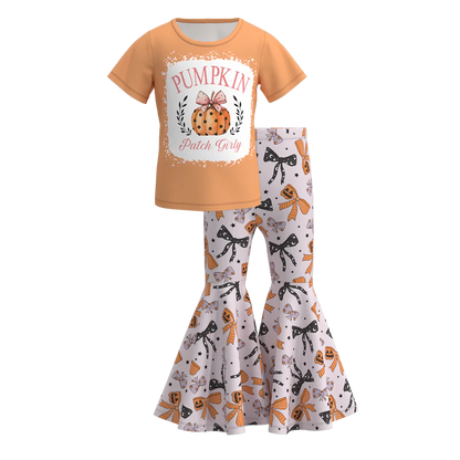 Girls Halloween Pumpkin Ghost Bow Print Bell Pant Sets