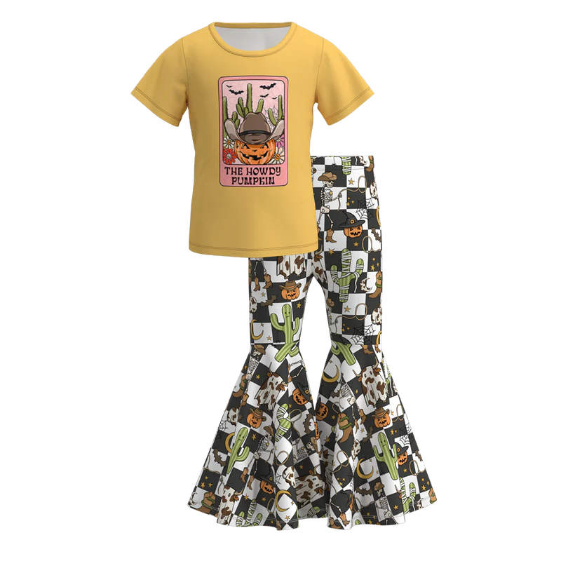 Girls Halloween Pumpkin Ghost Bow Print Bell Pant Sets