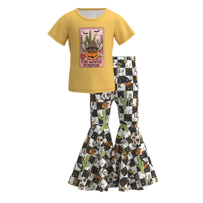 Girls Halloween Pumpkin Ghost Bow Print Bell Pant Sets