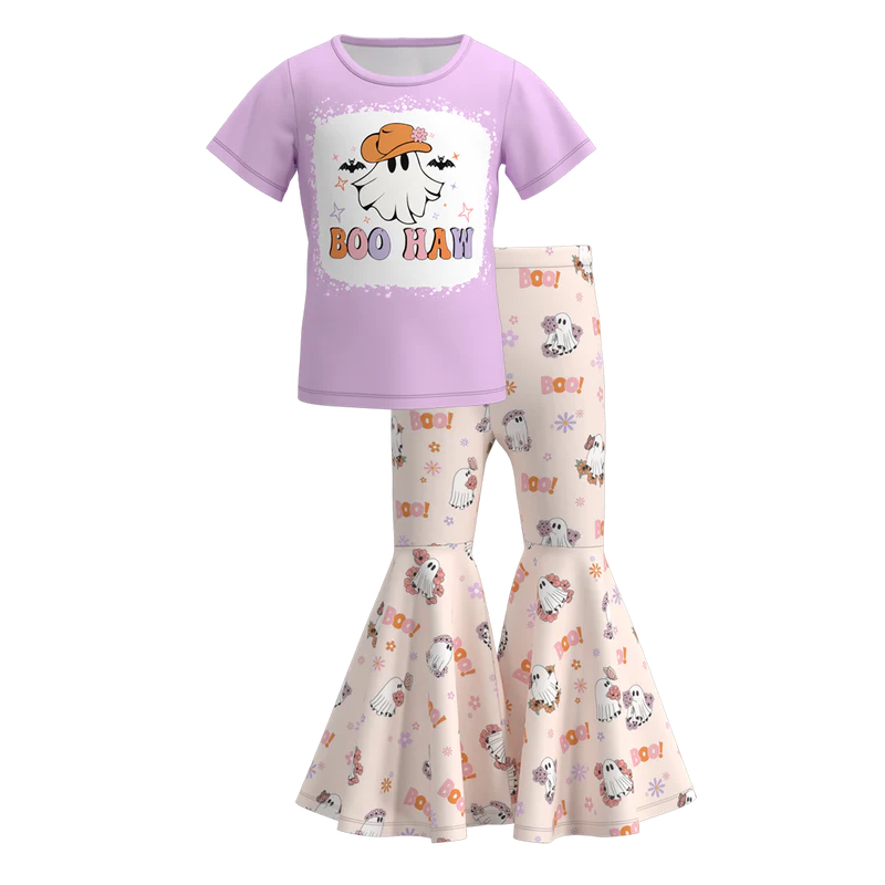 Girls Halloween Pumpkin Ghost Bow Print Bell Pant Sets