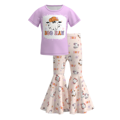 Girls Halloween Pumpkin Ghost Bow Print Bell Pant Sets