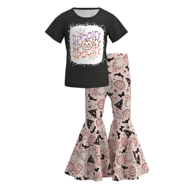 Girls Halloween Pumpkin Ghost Bow Print Bell Pant Sets
