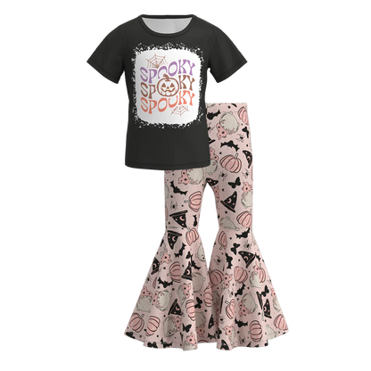 Girls Halloween Pumpkin Ghost Bow Print Bell Pant Sets