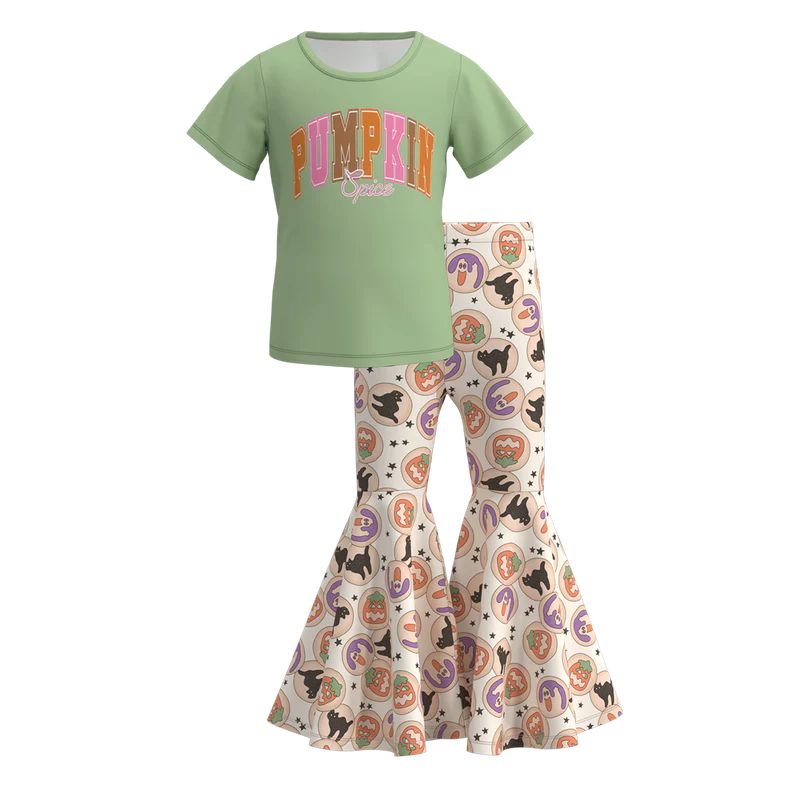 Girls Halloween Pumpkin Ghost Bow Print Bell Pant Sets