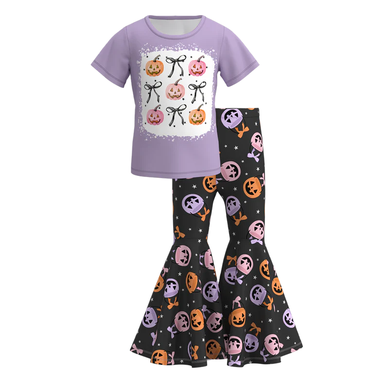 Girls Halloween Pumpkin Ghost Bow Print Bell Pant Sets