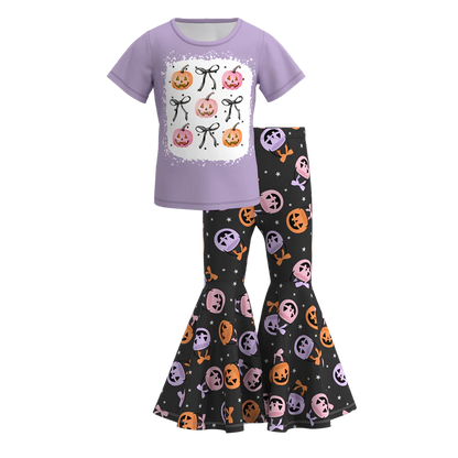 Girls Halloween Pumpkin Ghost Bow Print Bell Pant Sets