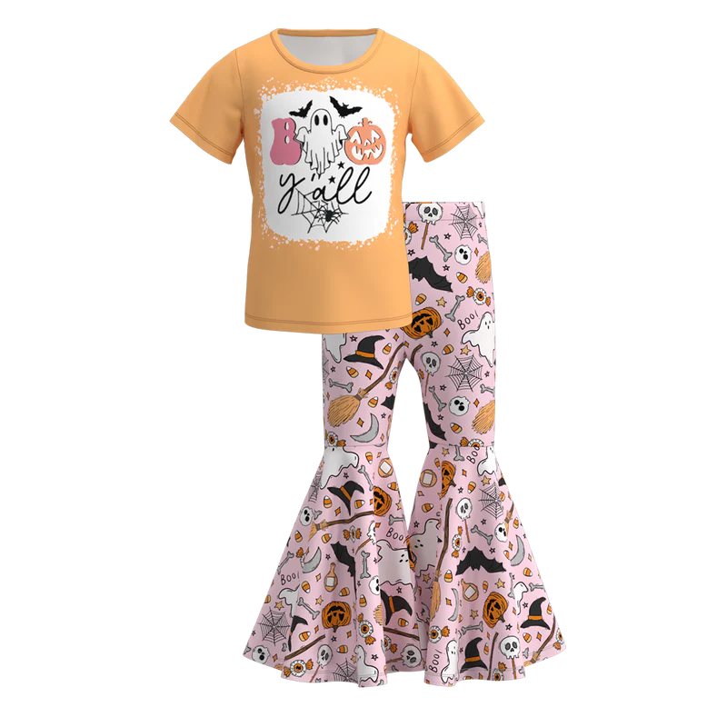 Girls Halloween Pumpkin Ghost Bow Print Bell Pant Sets