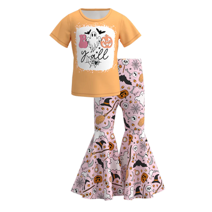 Girls Halloween Pumpkin Ghost Bow Print Bell Pant Sets
