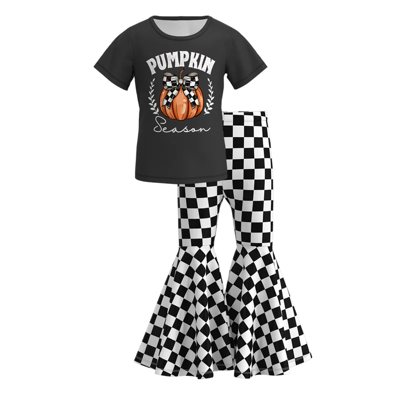 Girls Halloween Pumpkin Ghost Bow Print Bell Pant Sets