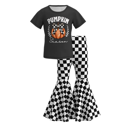 Girls Halloween Pumpkin Ghost Bow Print Bell Pant Sets