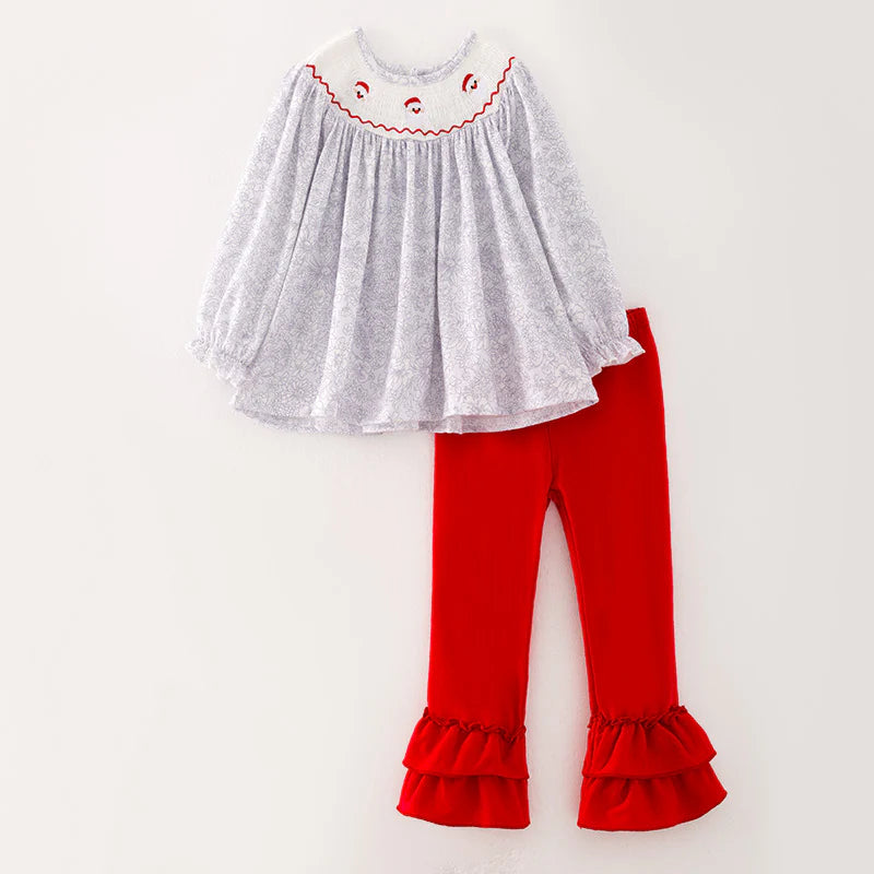 Girls Christmas Santa Embroidery Smocked Pant Set & Romper