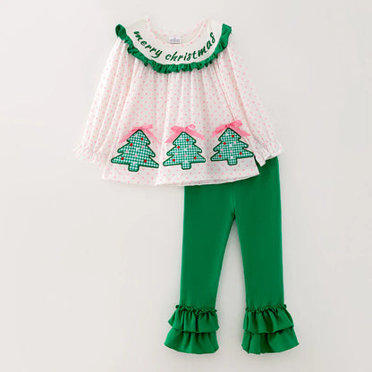 Girls Christmas Pink Dot Green Merry Christams Embroidery Set