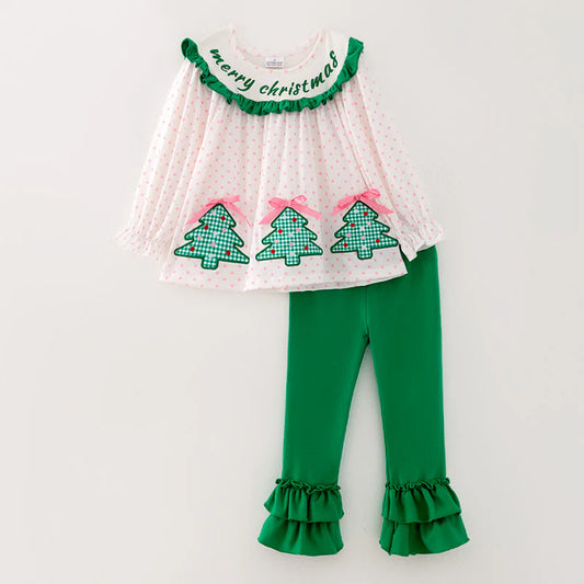 Girls Christmas Pink Dot Green Merry Christams Embroidery Set