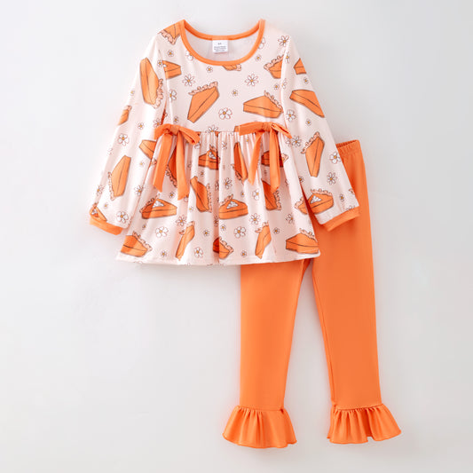 Girls Fall Thanksgiving 2-Pieces Orange Bow Long Sleeves Pant Set