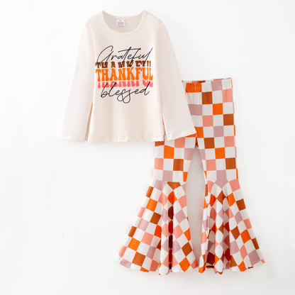 Girls Fall Thanksgiving Pumpkin Thanksful Print Pant Set