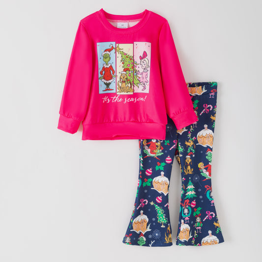 Girls Christmas Grinch Christmas Tree Long Sleeves Pant Set