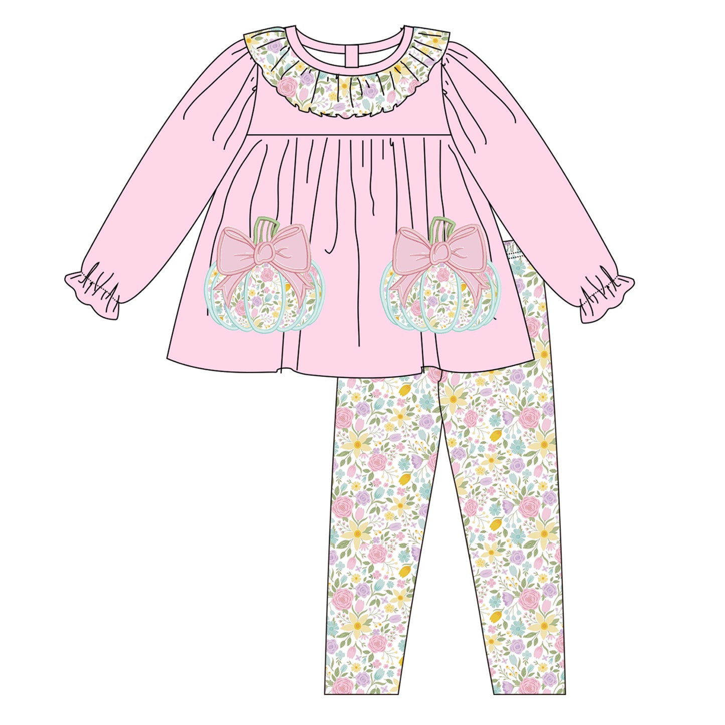 Girls Fall Halloween Pink Floral Pumpkin Embroidery Sibling Outfits
