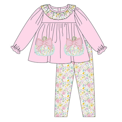 Girls Fall Halloween Pink Floral Pumpkin Embroidery Sibling Outfits