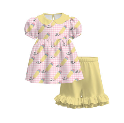 Girls Back To School Pink Yellow Pencil Dress & Short Set