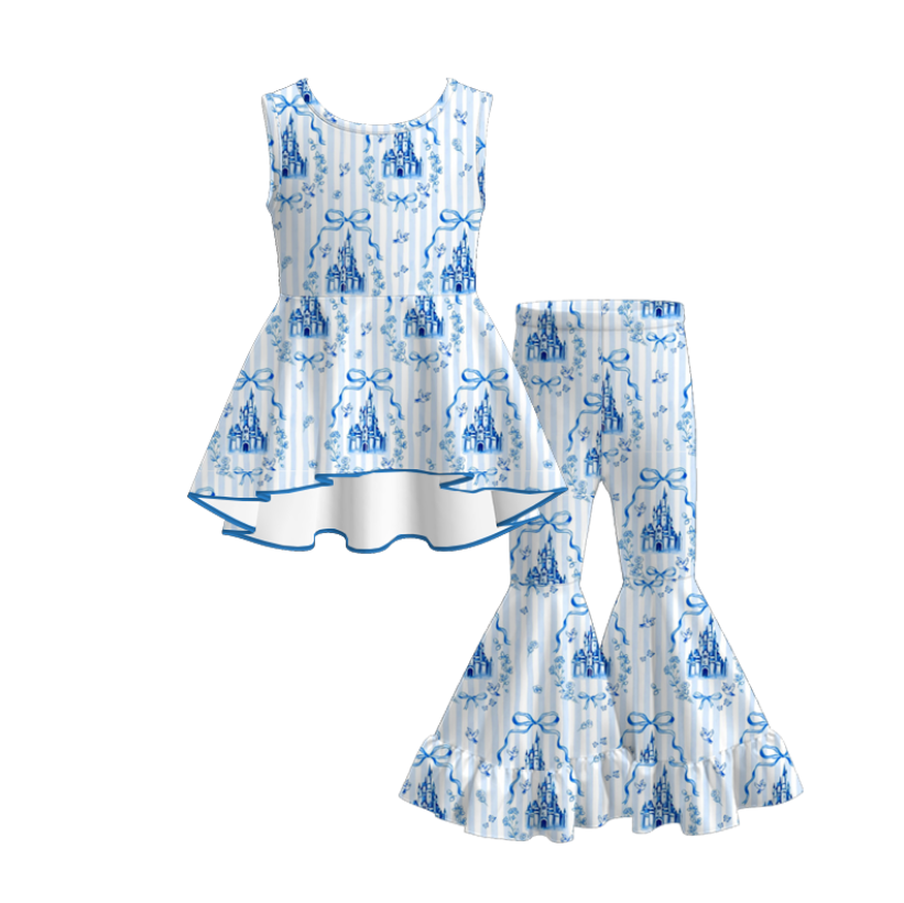 Girls Summer Blue Bow Castle Print Fashion Dress Bell Pant Set