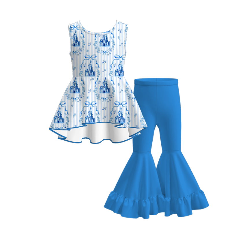 Girls Summer Blue Bow Castle Print Fashion Dress Bell Pant Set