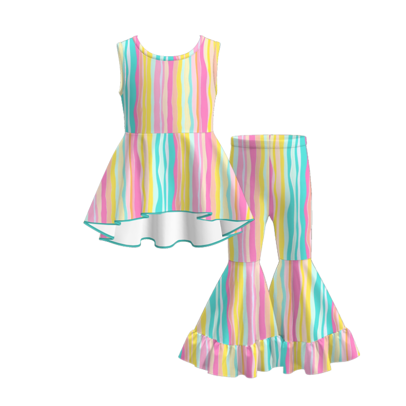 Girls Summer Rainbow Print Fashion Dress Bell Pant Set