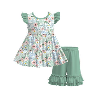 Girls Summer Green Floral Print Soft Dress & Short Set