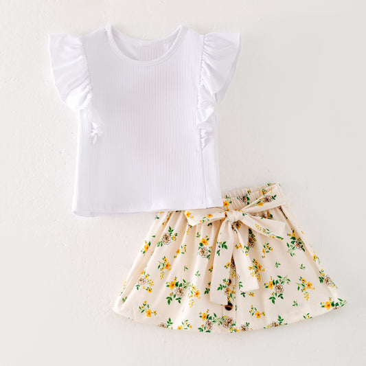 Girls Summer White Soft Top Yellow Floral Print Skrit Set