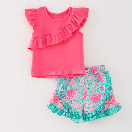 Girls Summer Hot Pink Floral Print Ruffled Short Set
