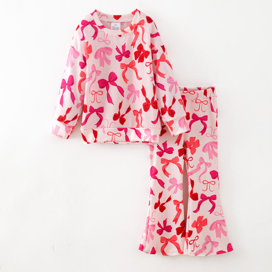 Girls Christmas Winter Pink Bow Print Sweatshirt Set