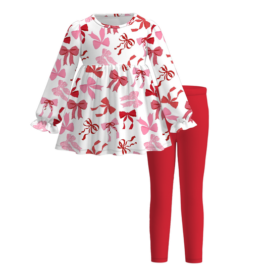 2026 Valentine's Day Girls Bow Heart Long Sleeves Outfit Set