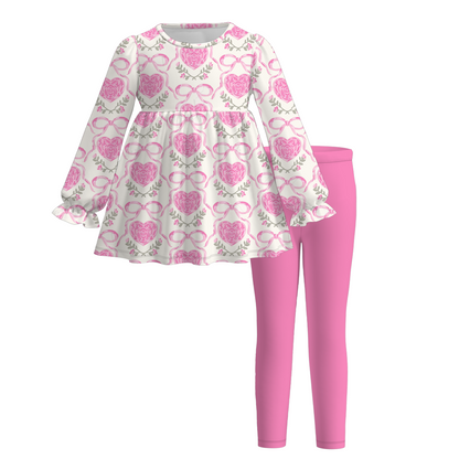2026 Valentine's Day Girls Bow Heart Long Sleeves Outfit Set