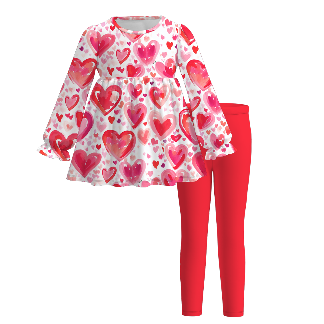 2026 Valentine's Day Girls Bow Heart Long Sleeves Outfit Set