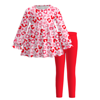 2026 Spring Valentine's Day Girls Bow Heart Long Sleeves Outfit Set