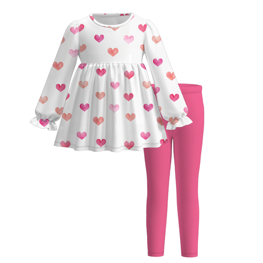 2026 Spring Valentine's Day Girls Bow Heart Long Sleeves Outfit Set