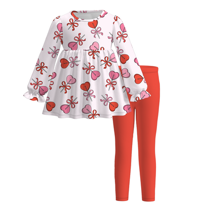 2026 Spring Valentine's Day Girls Bow Heart Long Sleeves Outfit Set