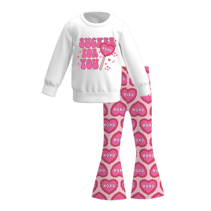 2026 Valentine's Day Spring Girls Printed Long Sleeves Outfit Set