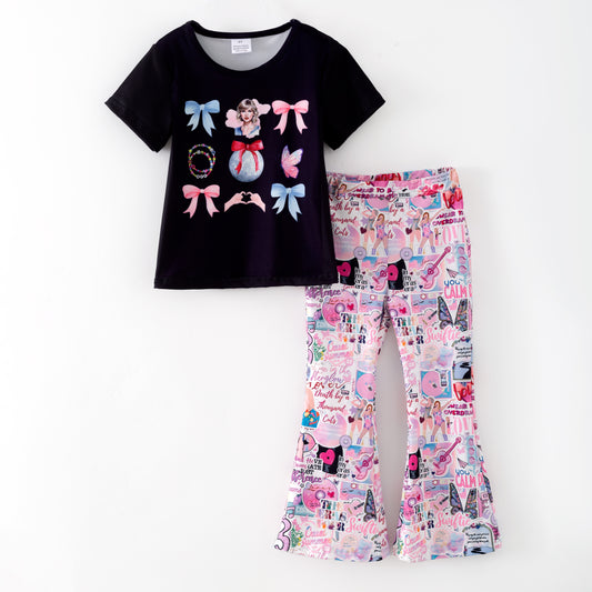 Girls Fall Taylor Swift Black Pink Bow Bell Pant Set