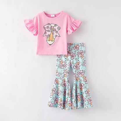 Girls Back To School Pencil Print Pink Cotton Top Pant Set