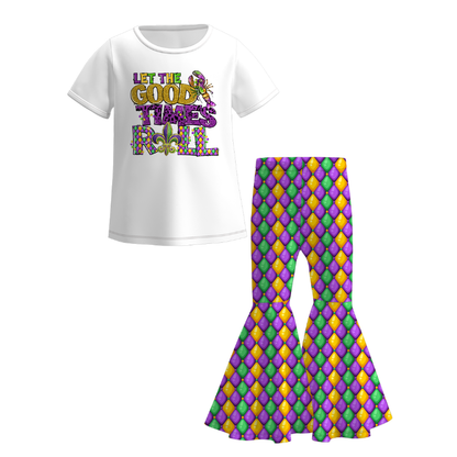 2026 Spring Girls Mardi Gras Print Short Sleeves Top+Pant Set