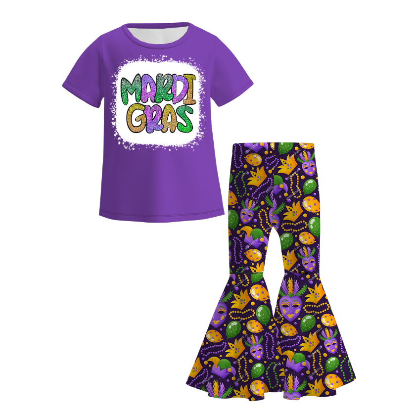 2026 Spring Girls Mardi Gras Print Short Sleeves Top+Pant Set