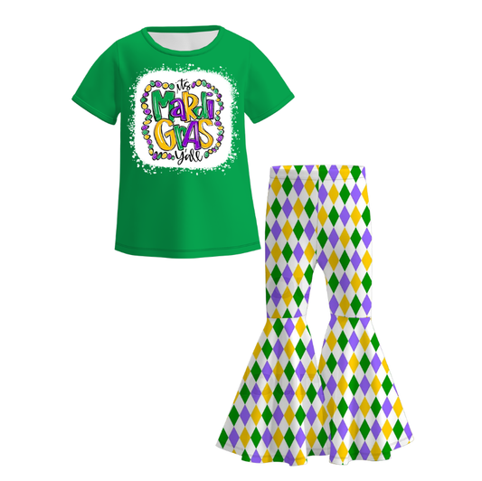 2026 Spring Girls Mardi Gras Print Short Sleeves Top+Pant Set