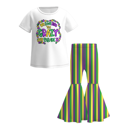 2026 Spring Girls Mardi Gras Print Short Sleeves Top+Pant Set