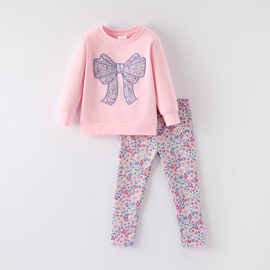 Girls' Fall Winter Floral Bow Pink Embroidery Pant Set
