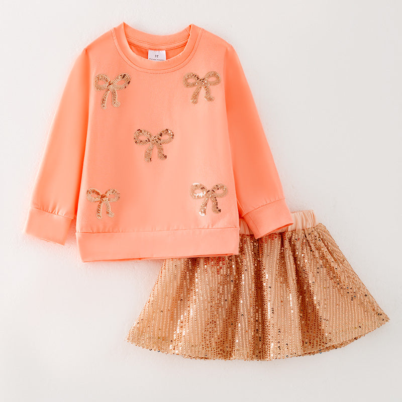 Girls Fal Autumn Coral Bow Long Sleeves Sequins Skirt Set