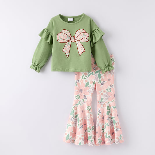 Girls Fall Autumn Green Floral Print Bow Long Sleeves Pant Set