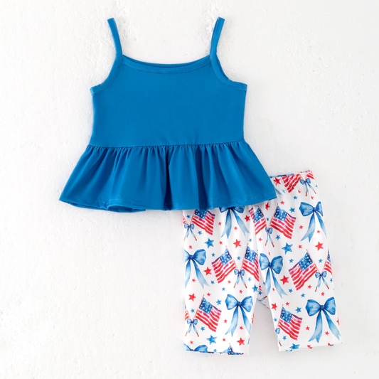 Girls Summer July 4th Red Blue Bow Flag Short Set