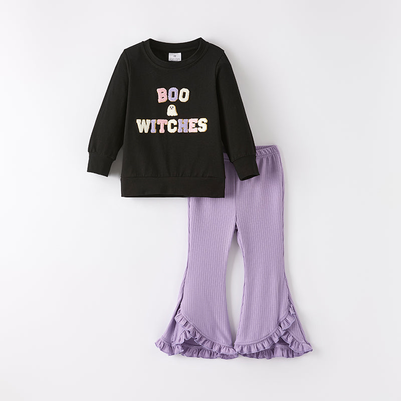 Girls Halloween BOO WITCHES Chenille Patch Black Purple Pant Set